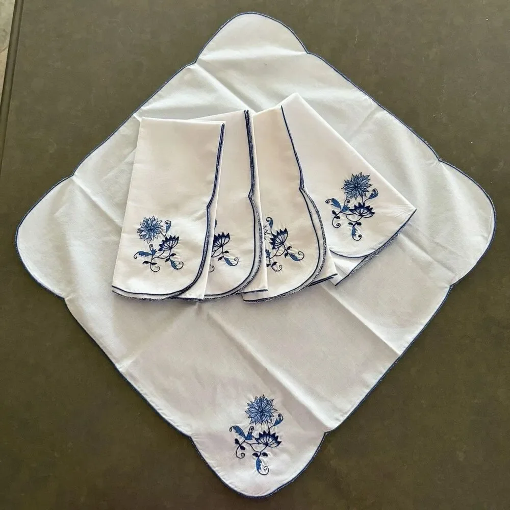 Five (5) B.M. Jabara And Sons Blue Floral Blue White Emboidered Floral Napkins